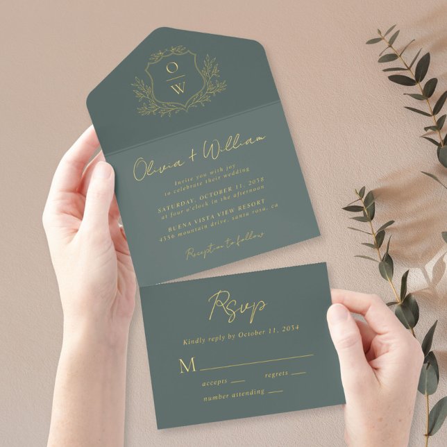 Elegant Crest Monogram Script Sage Wedding All In One Invitation (Creator Uploaded)