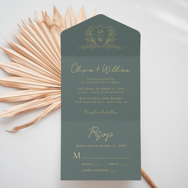 Elegant Crest Monogram Script Sage Wedding All In One Invitation (Creator Uploaded)
