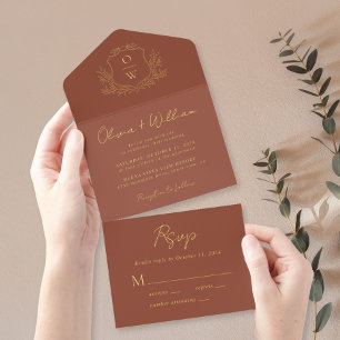 Elegant Crest Monogram Script Terracotta Wedding All In One Invitation