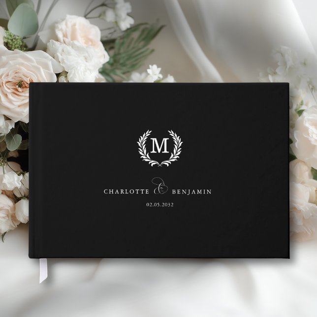 Elegant Crest Monogram Wedding Black Guest Book (Elegant Crest Monogram Wedding Black Guest Book)