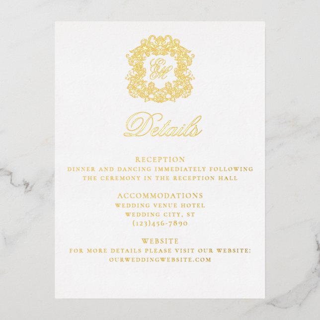 Elegant Crest Monogram Wedding Details Card (Front)