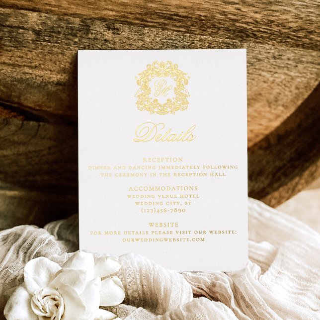 Elegant Crest Monogram Wedding Details Gold Card (Creator Uploaded)