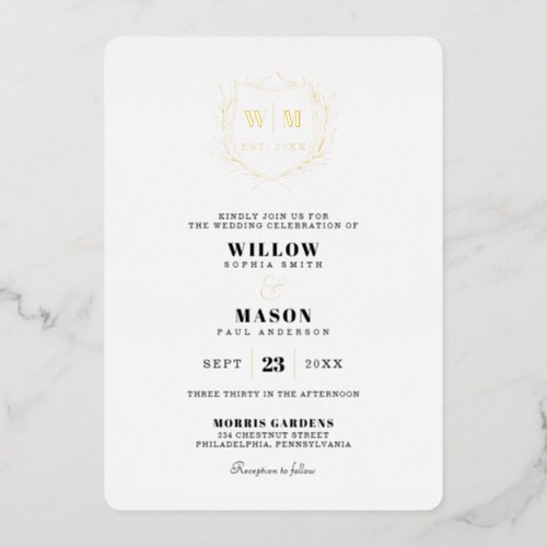 Elegant Crest Monogram Wedding Foil Invitation