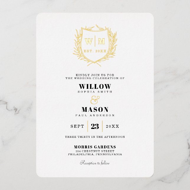 Elegant Crest Monogram Wedding Foil Invitation (Front)