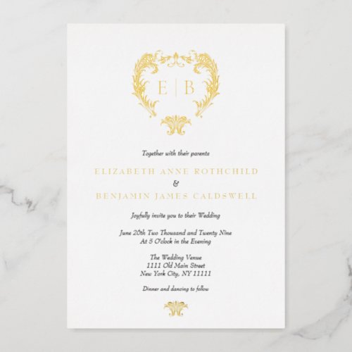Elegant Crest Monogram Wedding Gold Foil Invitation