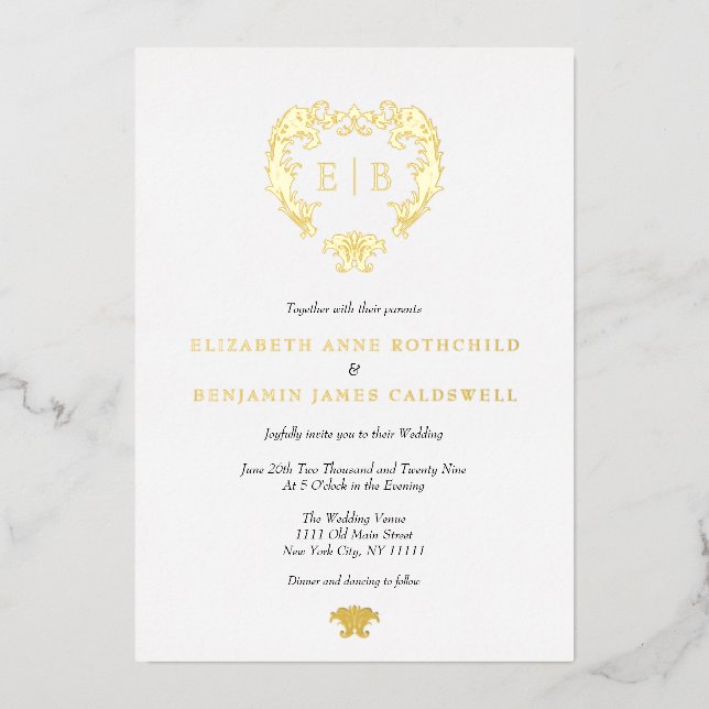 Elegant Crest Monogram Wedding Gold Foil Invitation (Front)