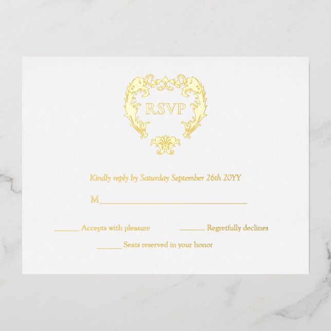 Elegant Crest Monogram Wedding Gold RSVP Cards (Front)