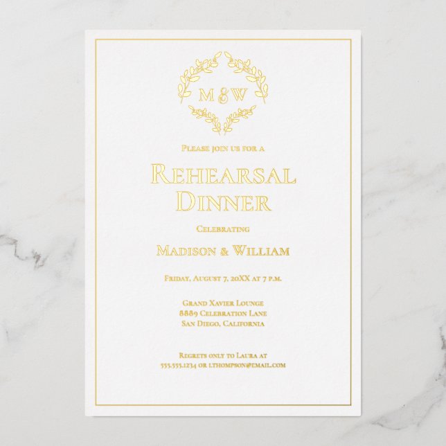 Elegant Crest Monogram wedding rehearsal dinner Foil Invitation (Front)