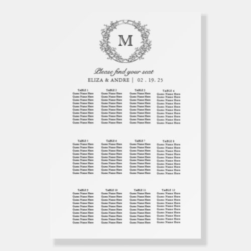 Elegant Crest Monogram Wedding Seating Chart Foam Board