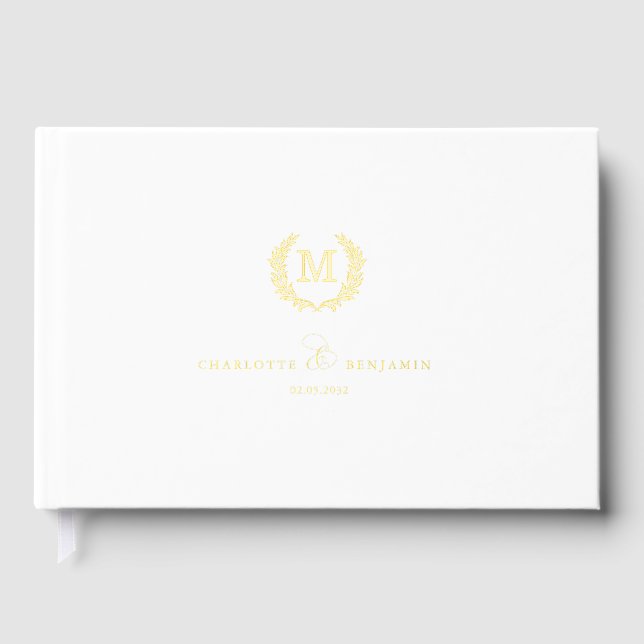 Elegant Crest Monogram Wedding White Foil Guest Book (Front)
