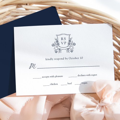 Elegant Crest Navy and White Wedding Meal Choice RSVP Card