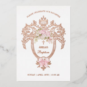 Elegant Crest Pink Bow Baptism Rose Gold Foil Invitation