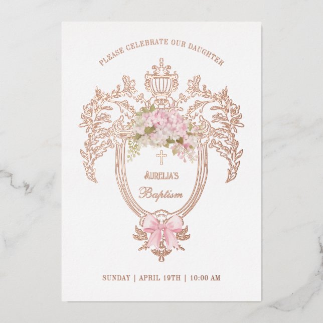 Elegant Crest Pink Bow Baptism Rose Gold Foil Invitation (Front)
