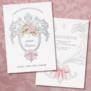 Elegant Crest Pink Bow Baptism Silver Foil Invitation