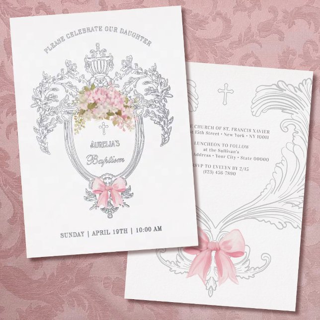 Elegant Crest Pink Bow Baptism Silver Foil Invitation (Creator Uploaded)