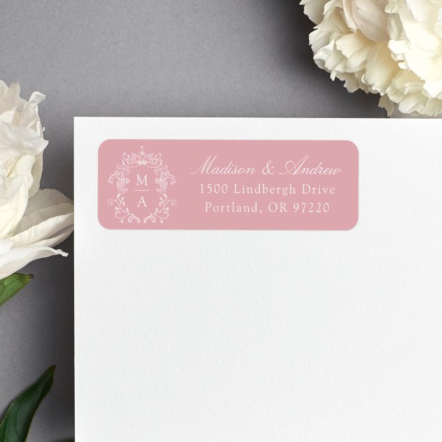 Elegant Crest Rose Pink Monogram Wedding Address Label (Creator Uploaded)