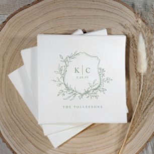 Elegant Crest Sage Green Wedding Logo Napkins