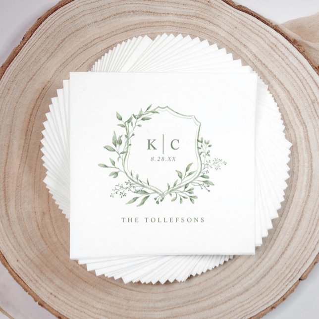 Elegant Crest Sage Watercolor Wedding Logo Napkins (Elegant sage green wedding napkin with hand-painted watercolor crest and initials)