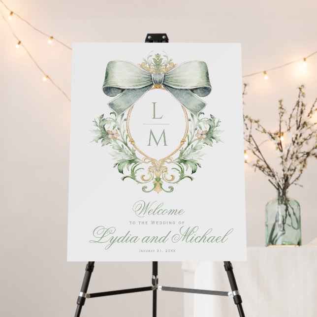 Elegant Crest w/ Green Bow Wedding Welcome Foam Board (In Situ (Stand))