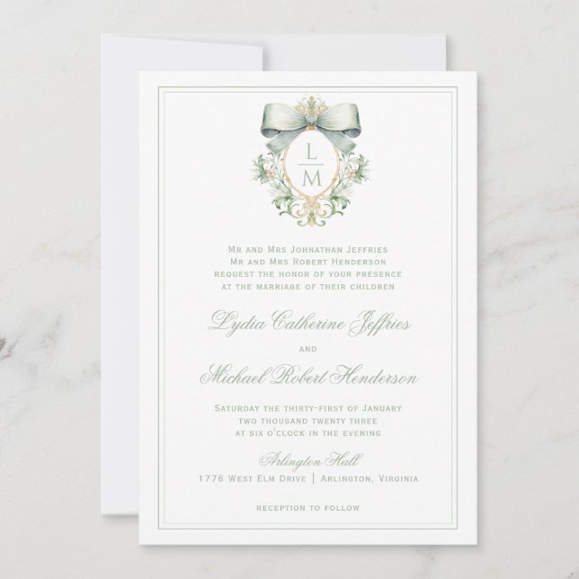 Elegant Crest w/ Sage Green Bow | Monogram Wedding Invitation (Front)