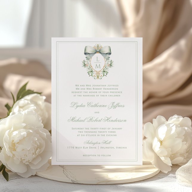 Elegant Crest w/ Sage Green Bow | Monogram Wedding Invitation (Creator Uploaded)
