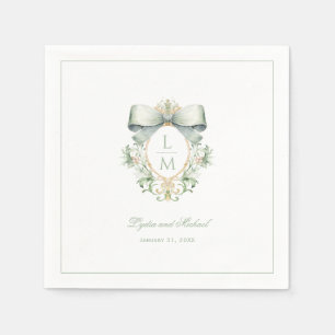 Elegant Crest w/ Sage Green Bow   Monogram Wedding Napkins