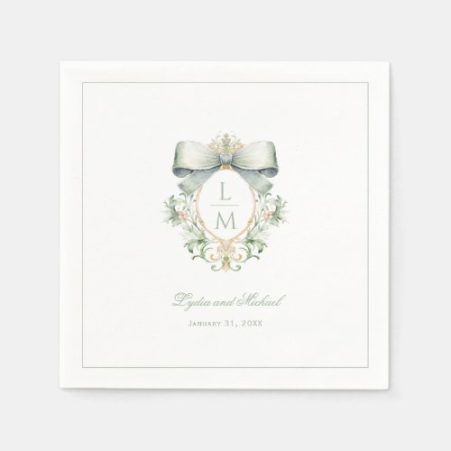 Elegant Crest w Sage Green Bow  Monogram Wedding Napkins