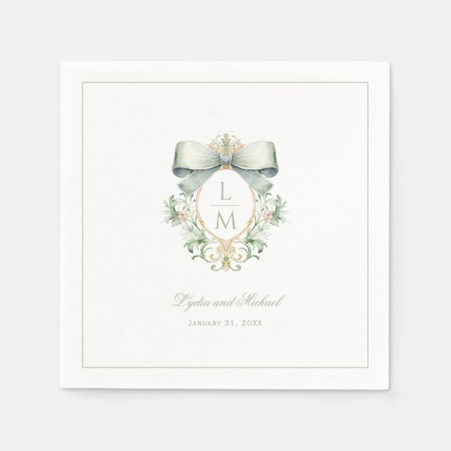 Elegant Crest w/ Sage Green Bow | Monogram Wedding Napkins (Front)