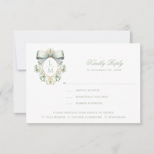 Elegant Crest w Sage Green Bow  Thank You Card