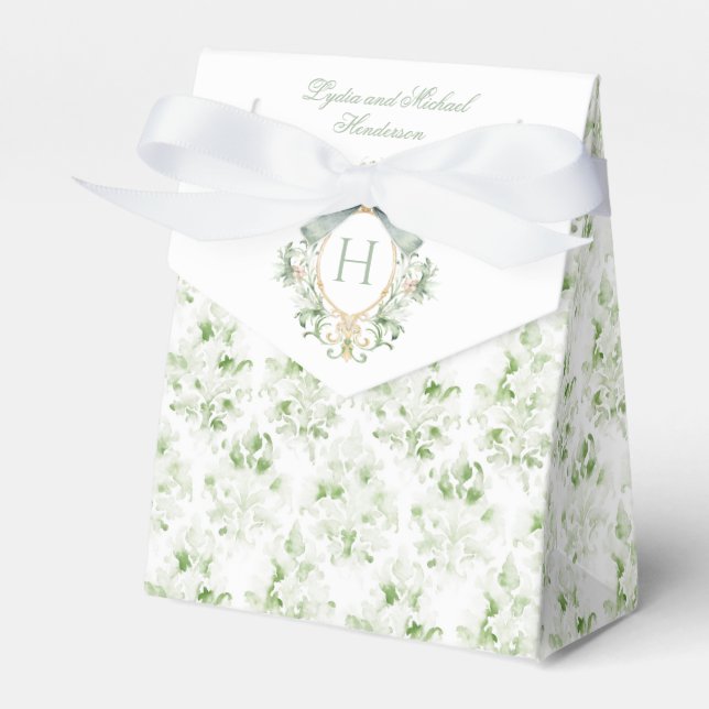 Elegant Crest w/ Sage Green Bow | Wedding Favor Boxes (Front Side)