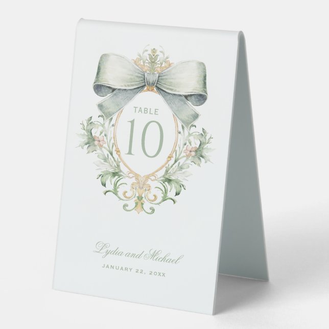 Elegant Crest with Sage Green Bow Table Number Tent (Front)