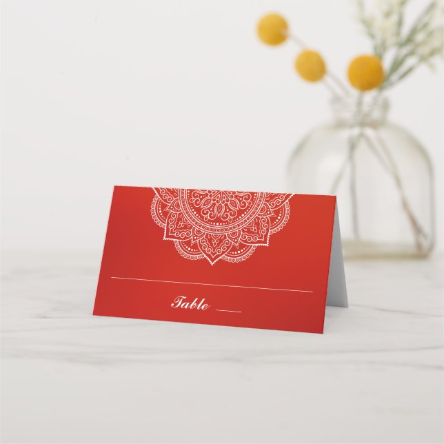 Elegant Crimson and White Paisley Indian Wedding Place Card (Front)