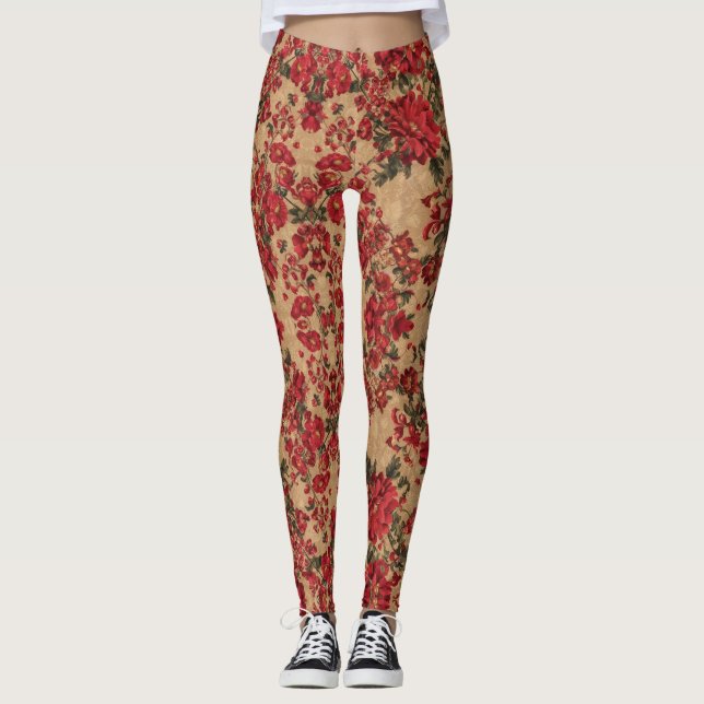 Elegant Crimson Floral | by Asarteon Leggings (Front)