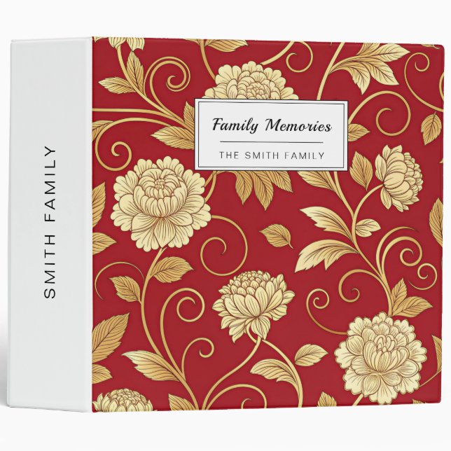 Elegant Crimson Floral Vine Pattern 3 Ring Binder (Front/Spine)