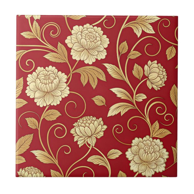 Elegant Crimson Floral Vine Pattern Ceramic Tile (Front)
