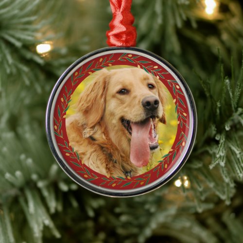 Elegant Crimson Gold Wreath Dog Photo  Metal Ornament