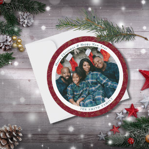 Elegant Crimson Red Christmas Greetings with Photo Holiday Card