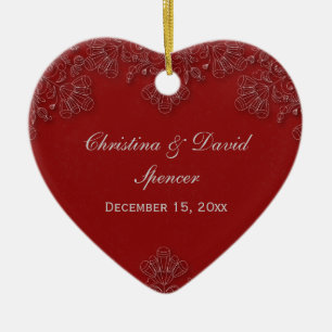 Elegant crimson red floral swirls wedding photo ceramic ornament