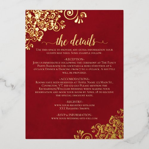Elegant Crimson Red Gold Foil Wedding Details Card