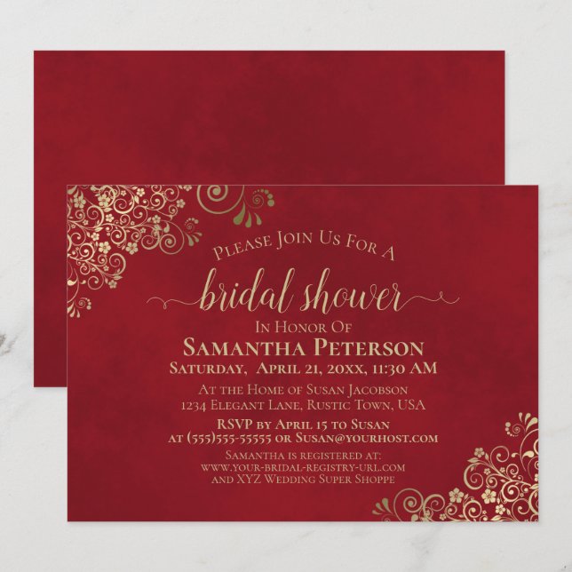 Elegant Crimson Red & Gold Lace Bridal Shower Invitation (Front/Back)