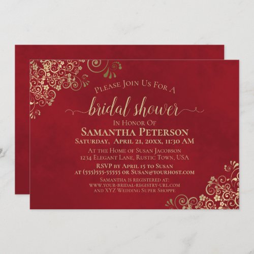 Elegant Crimson Red  Gold Lace Bridal Shower Invitation