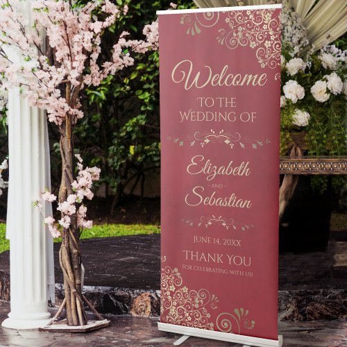 Elegant Crimson Red  Gold Lacy Wedding Welcome Retractable Banner