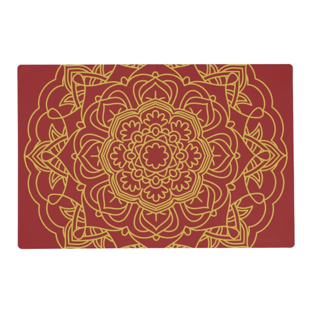 Elegant Crimson Red & Gold Mandala Laminated Paper Placemat (Front)