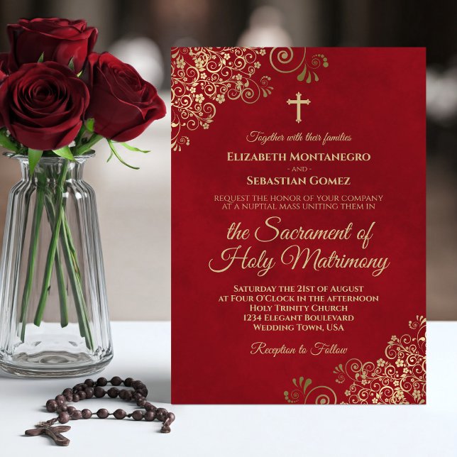 Elegant Crimson Red & Gold Modern Catholic Wedding Invitation (Creator Uploaded)