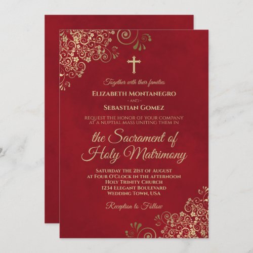 Elegant Crimson Red  Gold Modern Catholic Wedding Invitation