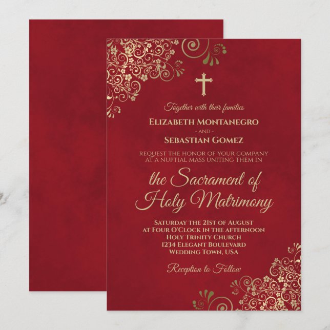 Elegant Crimson Red & Gold Modern Catholic Wedding Invitation (Front/Back)