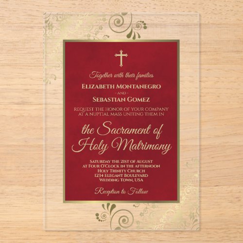 Elegant Crimson Red & Gold Ornate Catholic Wedding Acrylic Invitations