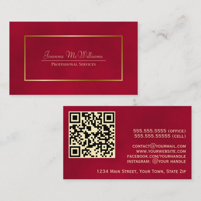 Elegant Crimson Red & Gold Professional QR Code Business Card (Front/Back)