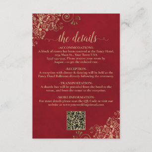 Elegant Crimson Red & Gold Wedding QR Code Details Enclosure Card