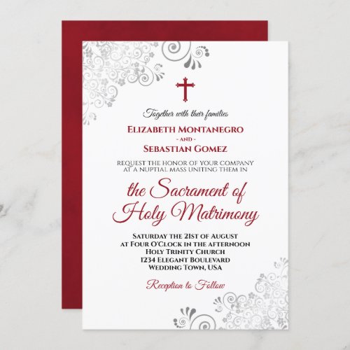 Elegant Crimson Red  Gray Modern Catholic Wedding Invitation